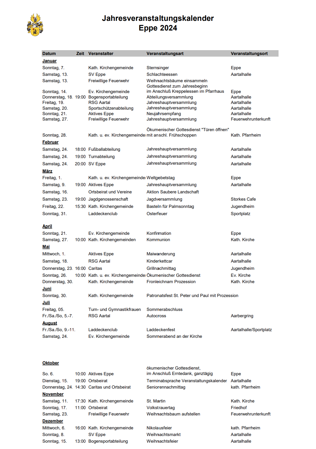Jahresveranstaltungskalender 2024